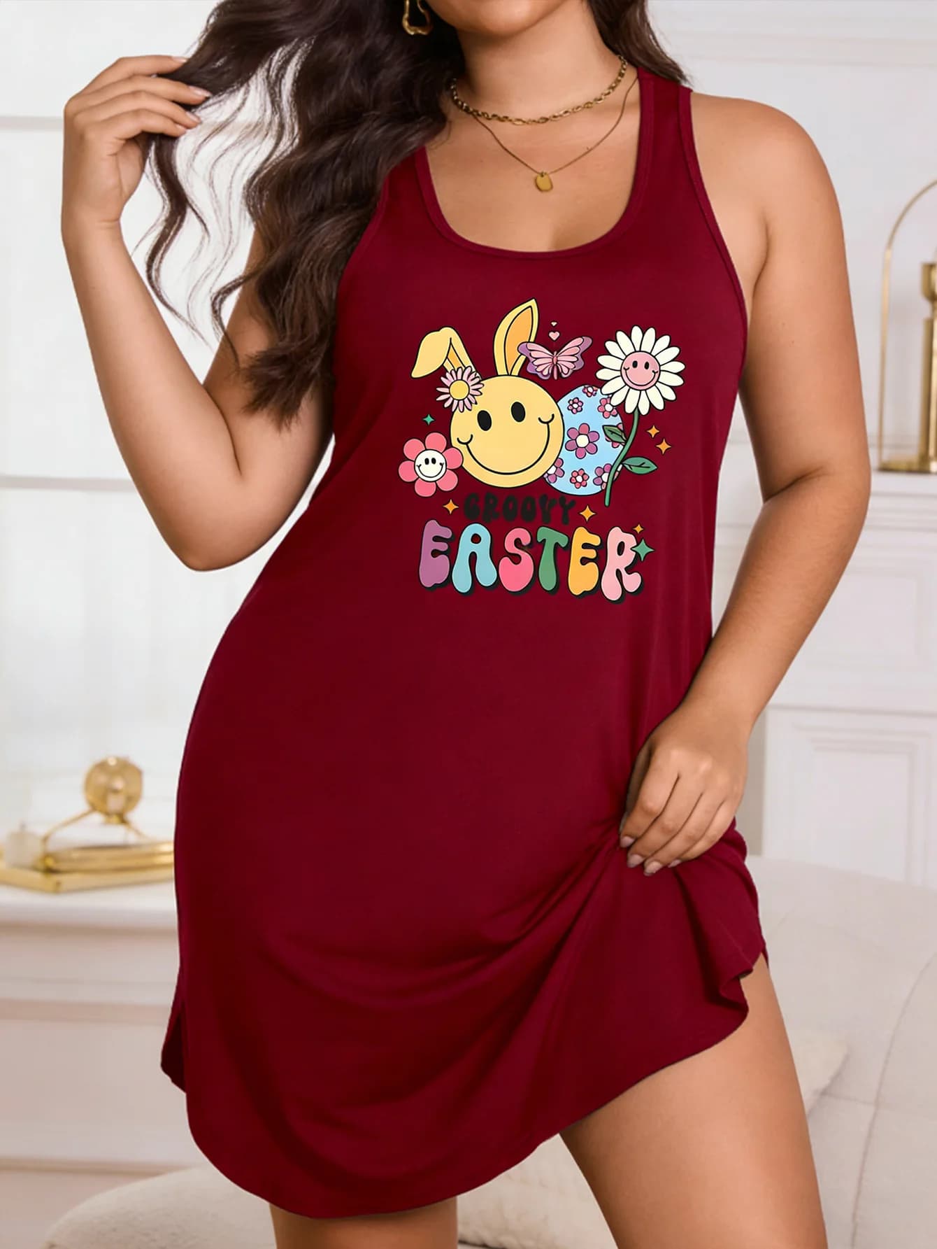 Women's plus-size fashionable Easter pattern tank dress, suitable for both indoor and outdoor wear