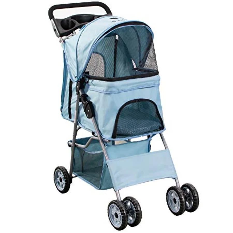 Passeggino a Quattro Ruote per Cani e Gatti, Carrello Pieghevole per Passeggiate, Blu, Tessuto in Poliestere Resistente con Protezione UV