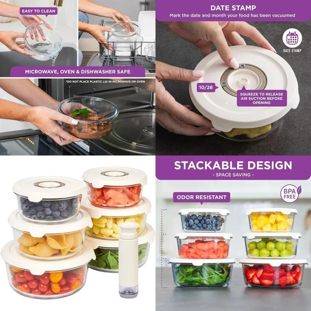 Set di 6 contenitori per alimenti in vetro senza BPA con pompa manuale per freschezza e preparazione dei pasti a prova di perdite