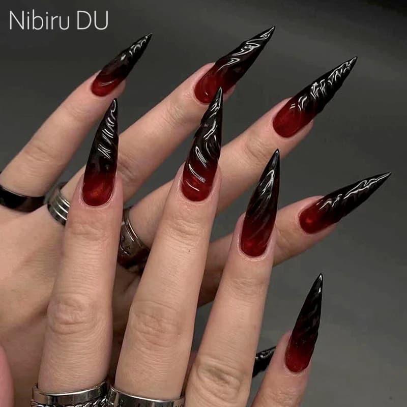 24Pc Halloween Spider Skull Blood Cool Spice Style False Nails Almond Head Detachable Finished Fake Nail Press on Nail with Glue