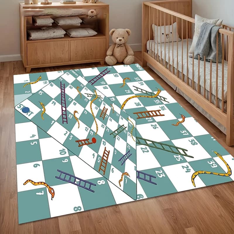Tappeto Area Gioco Serpenti e Scale, Antiscivolo, per Soggiorno, Camera da Letto, Asilo Nido, con Motivo a Quadri Bianchi e Teal
