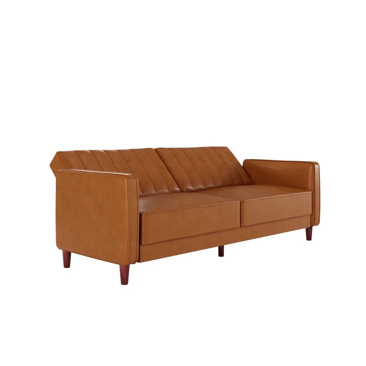 #Faux Leather Channel Tufted 2 Seater Convertible Sofa Bed with Wood Legs Mid-Century Modern Small Space Living Room Furniture