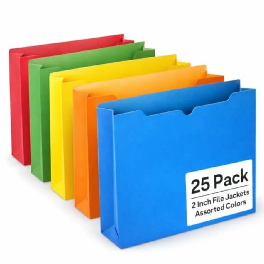 2 Inch File Jackets 25 Pack - Assorted Colors Expandable File Folders - Straight Cut Tab - Letter Size Jacket Folders for Home