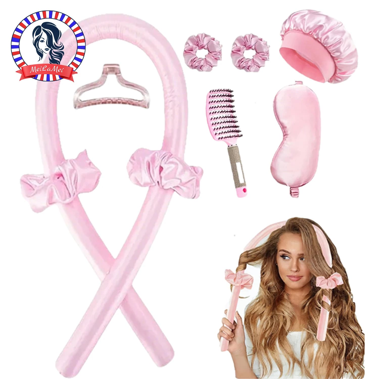 WANMEI Heat-free pink curling rod set - satin hair roll + brush with bristles + shower head + sleeping eye mask Hair styling and care kit