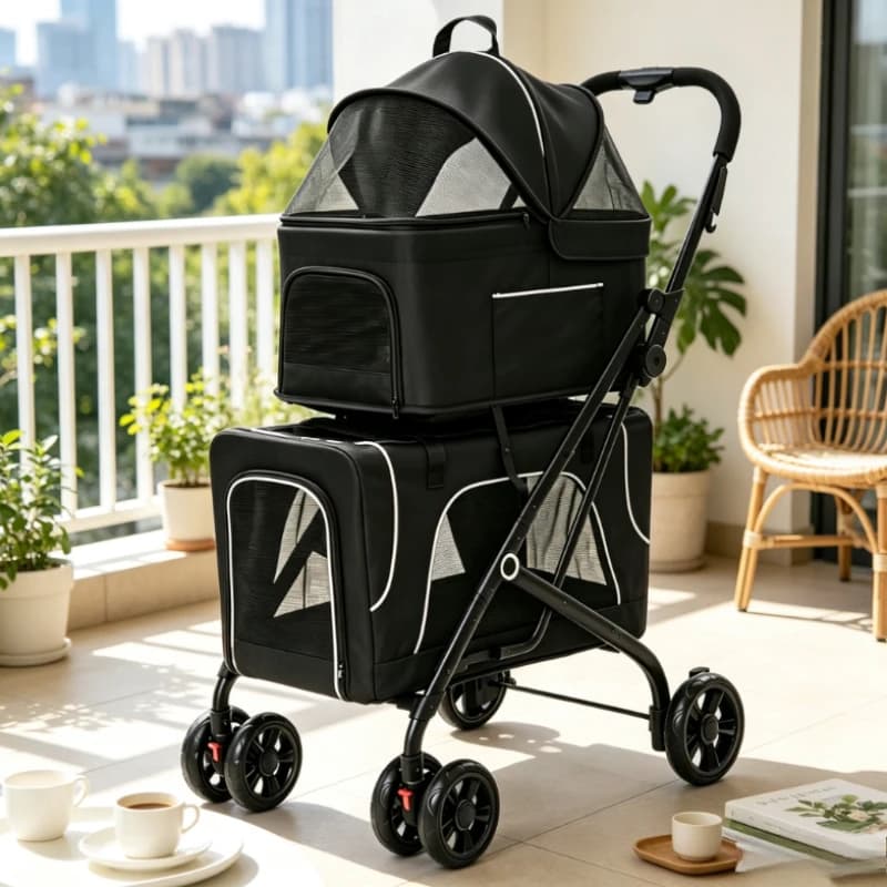 #Separate 2-layers Pet Stroller Lightweight Outdoor Dog Cart Multi-pet Stroller on Upper and Lower Floors Portable Dog Carriers