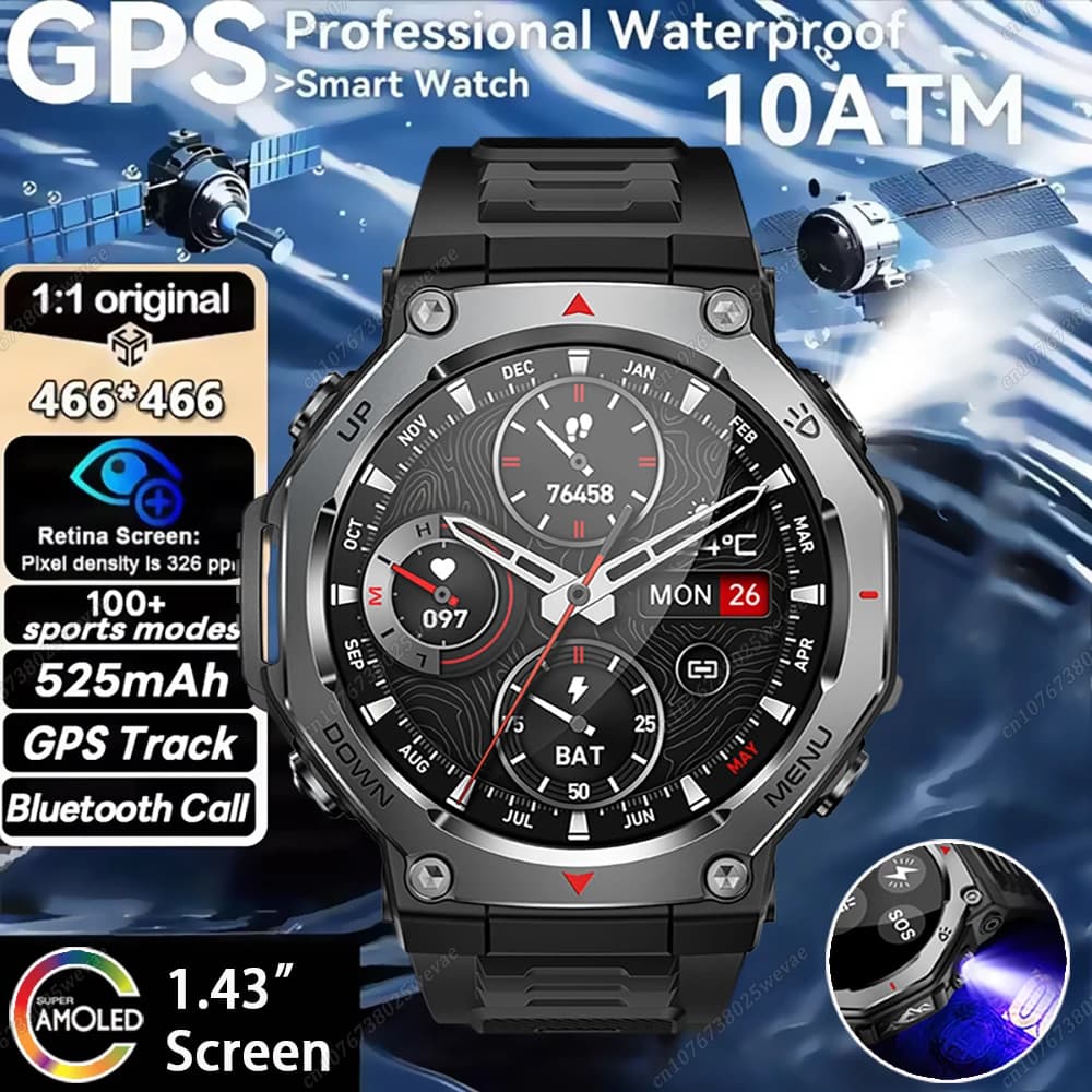 Nuovo Smartwatch Militare 2026 con Schermo AMOLED da 1,43", Torcia LED, Batteria a Lunga Durata da 525mAh, Impermeabile 5ATM, Chiamate Bluetooth