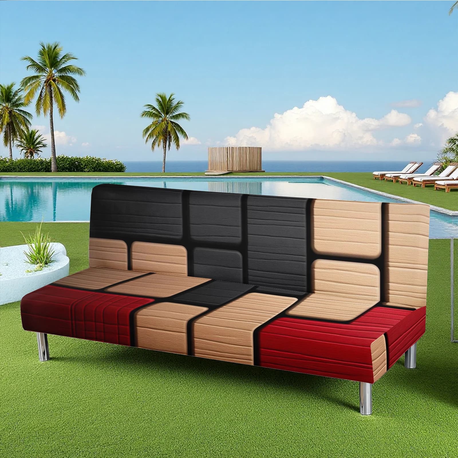 Copertura per Divano Letto da Esterno Estiva con Motivo Geometrico a Blocchi di Colore, Elastica, Tutto Incluso, Adatta agli Animali Domestici, Lavabile