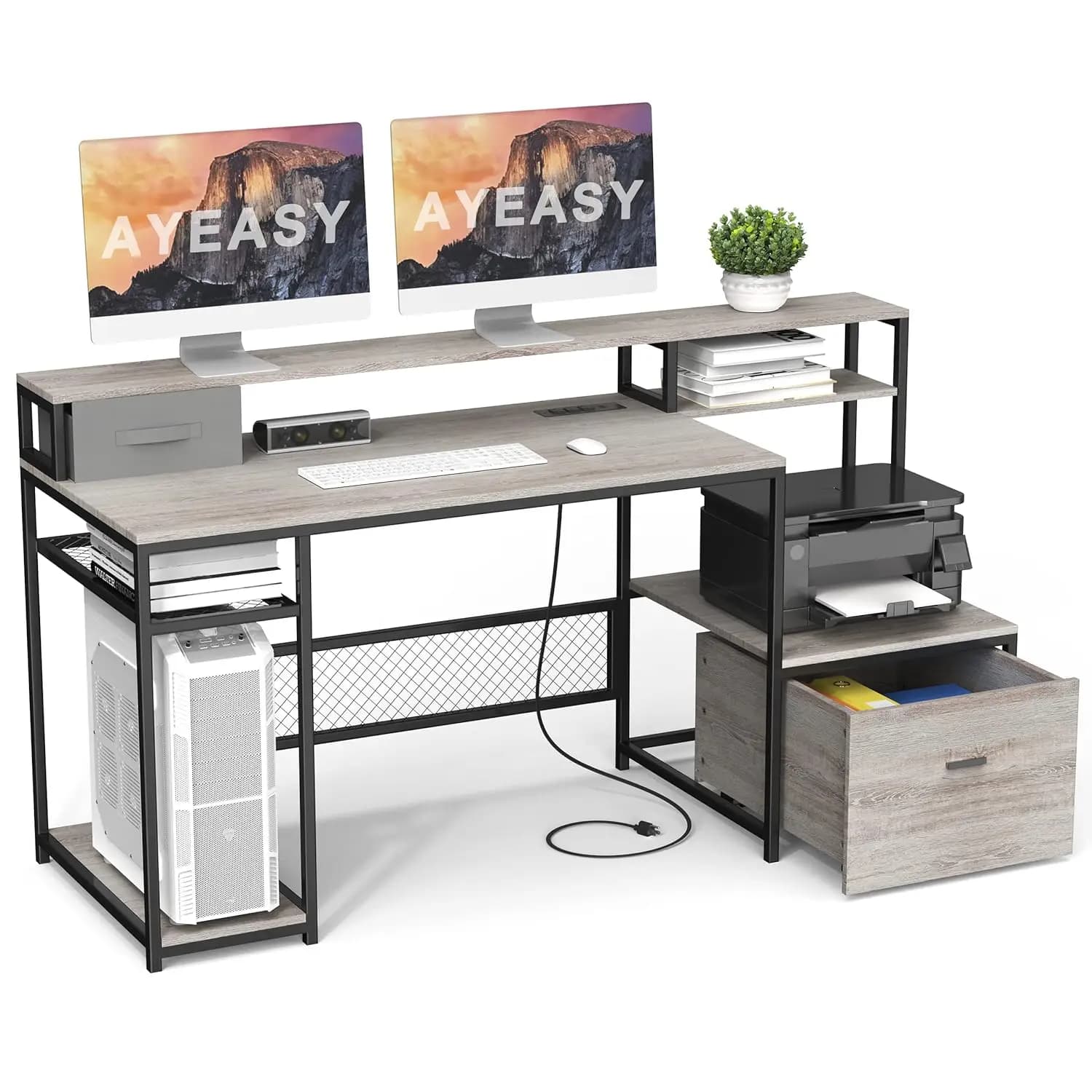 Scrivania per Ufficio Domestico con Cassetti, Scrivania per Computer da 168 cm con Spazio di Archiviazione, Scrivania con Supporto per Monitor, Scrivania da Lavoro, Personalizzabile