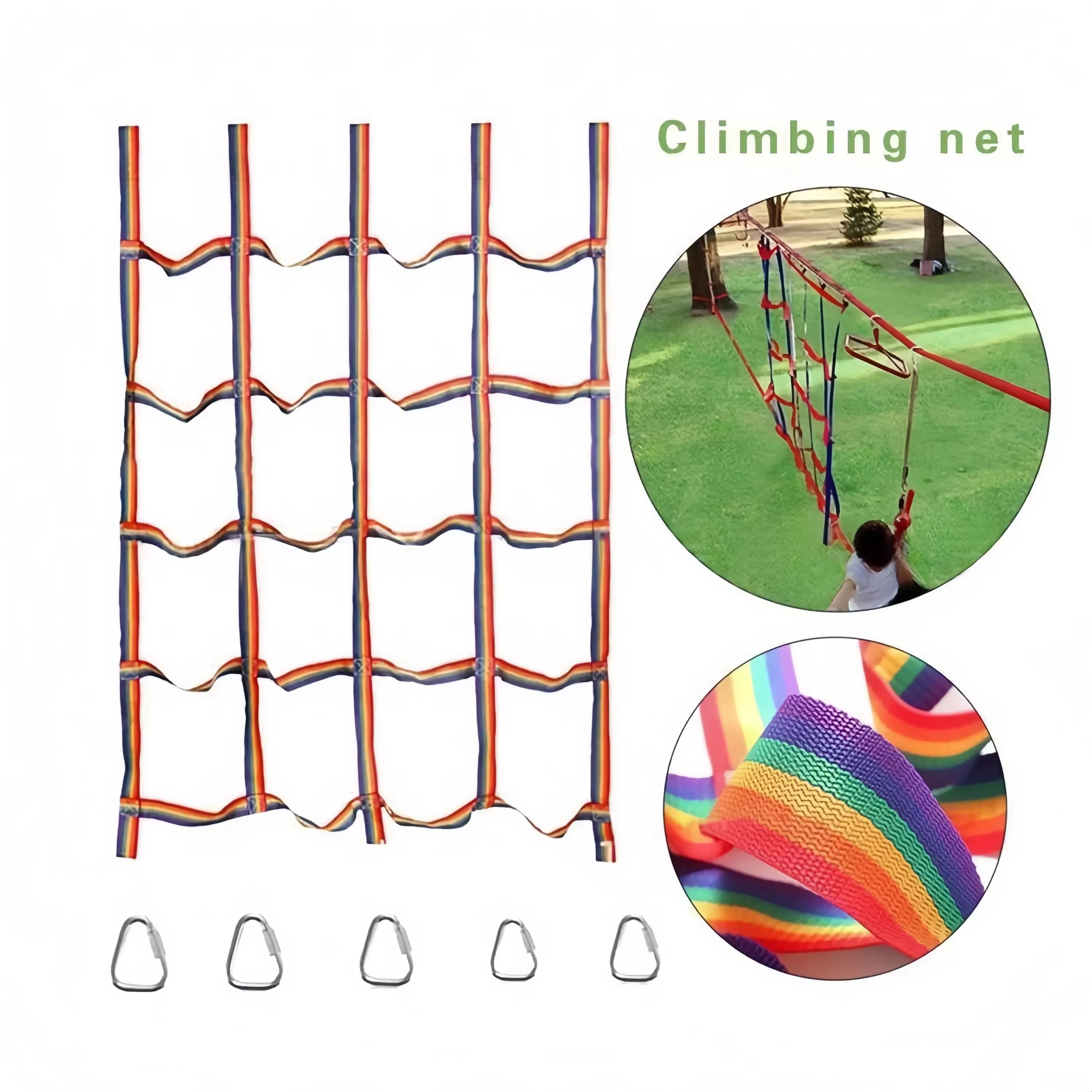 Rete da arrampicata con nastro colorato per esterni Avventura al coperto per bambini Appesa Durevole Capacità di peso da 100 kg Gancio triangolare Altalena da gioco