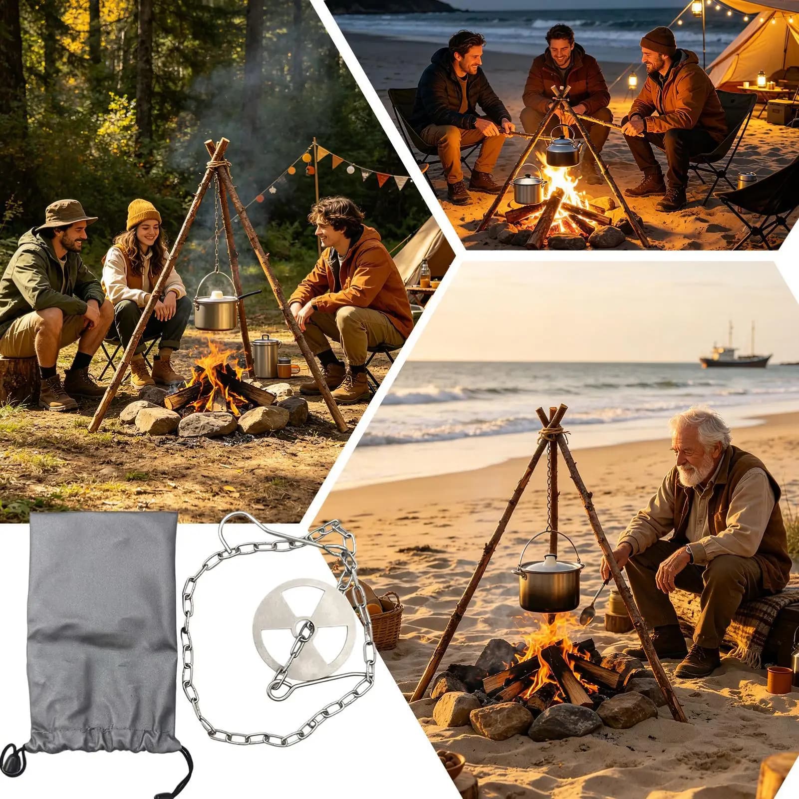 Adjustable Portable Campfire Tripod Heat-Resistant Backpacking Cookware Stand For Backpacking Hiking Trekking Picnic Grilling