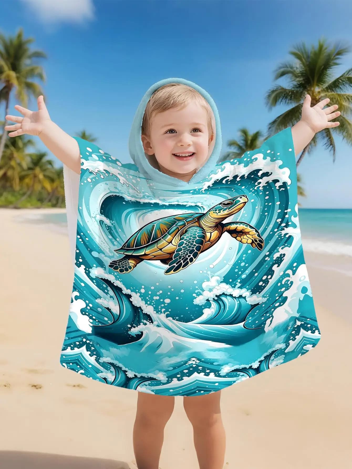 Sea Turtle Surfing Bathrobe Soft Bathrobe Super Absorbent Side buttons Suit For Beach Pool Seaside Camping For Girl&Boy Age 2-11