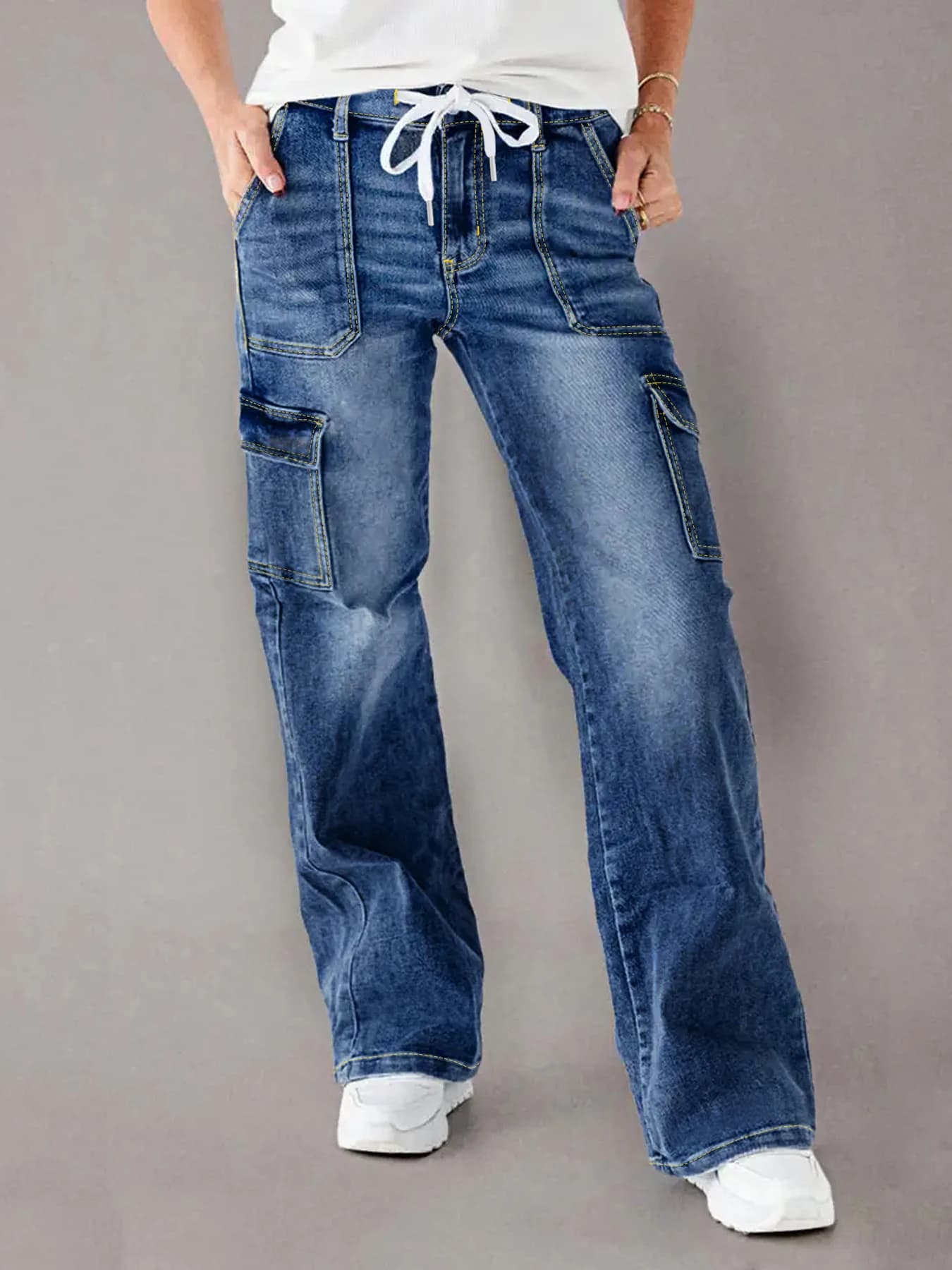 Jeans Cargo a Vita Media per Donna Taglie Forti, Lavaggio Scuro, Gamba Larga, Chiusura con Bottoni e Cerniera, Multi Tasche, Stile Vintage Casual