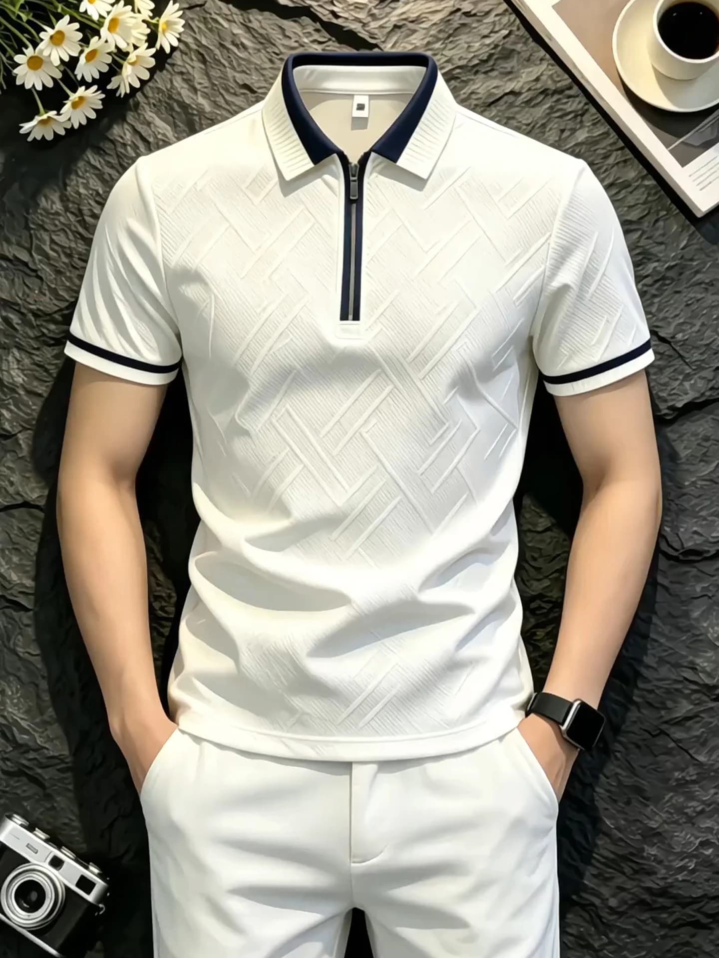 American Texture Half Zip Shirt Men Short Sleeve Summer Thin Luxury Color Block T-Shirt Embroidered Collar Half Sleeve