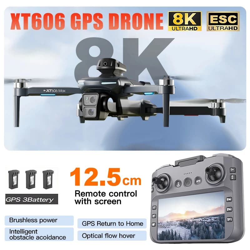 Drone XT606 MAX 3 con Batteria, Fotocamera Professionale 4K 8K HD, FPV con Schermo, Drone 360 ° Drone Giocattolo con Evitamento Ostacoli, Regalo Quadricottero