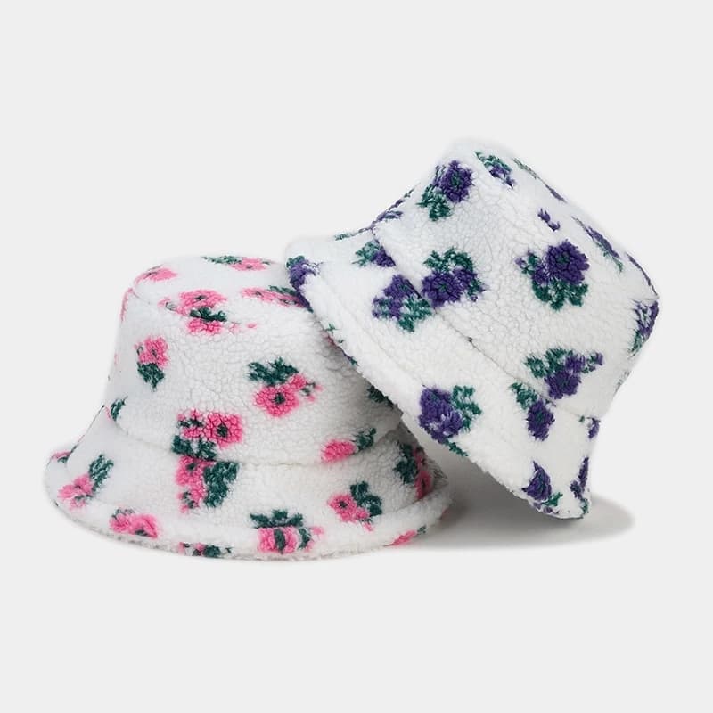 Women Winter Fuzzy Floral Print Bucket Hat Soft Plush Fisherman Cap