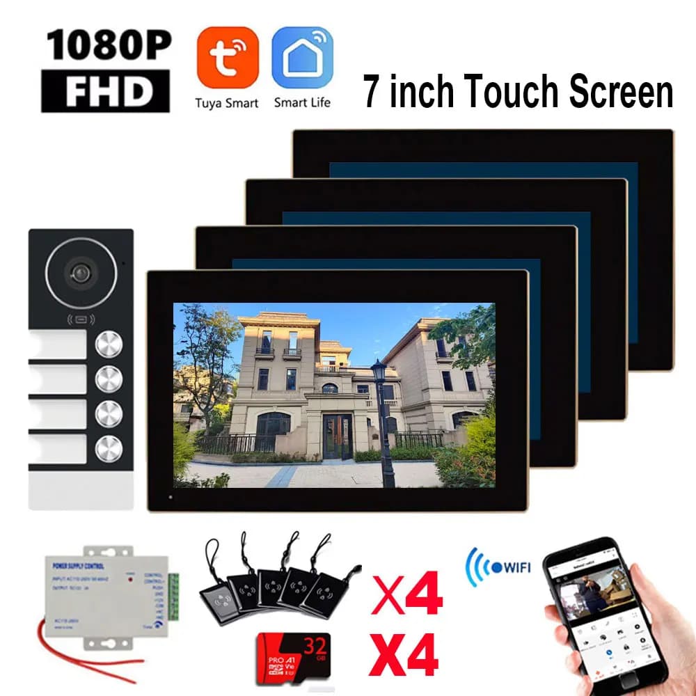 Tuya 7 pollici Touch Monitor Video Wifi Citofono Smart Home video 2/3/4 Sistema campanello per appartamento familiare Telecamera grandangolare 1080P