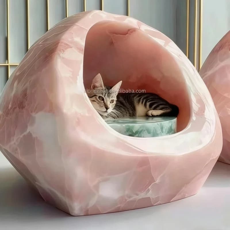 Stonekocc Moderno Nordico Lusso a forma di ciotola in pietra naturale Marmo Decorazioni per la casa Onice rosa Gatto Pet Dog Letto per dormire Mobili per la casa