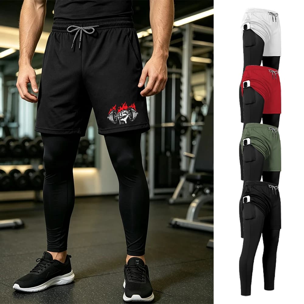 Men's Flame Dumbbell Print Double Layer Sports Trousers Quick Drying Running Training Pants Suitable For Fitness And Cycling
