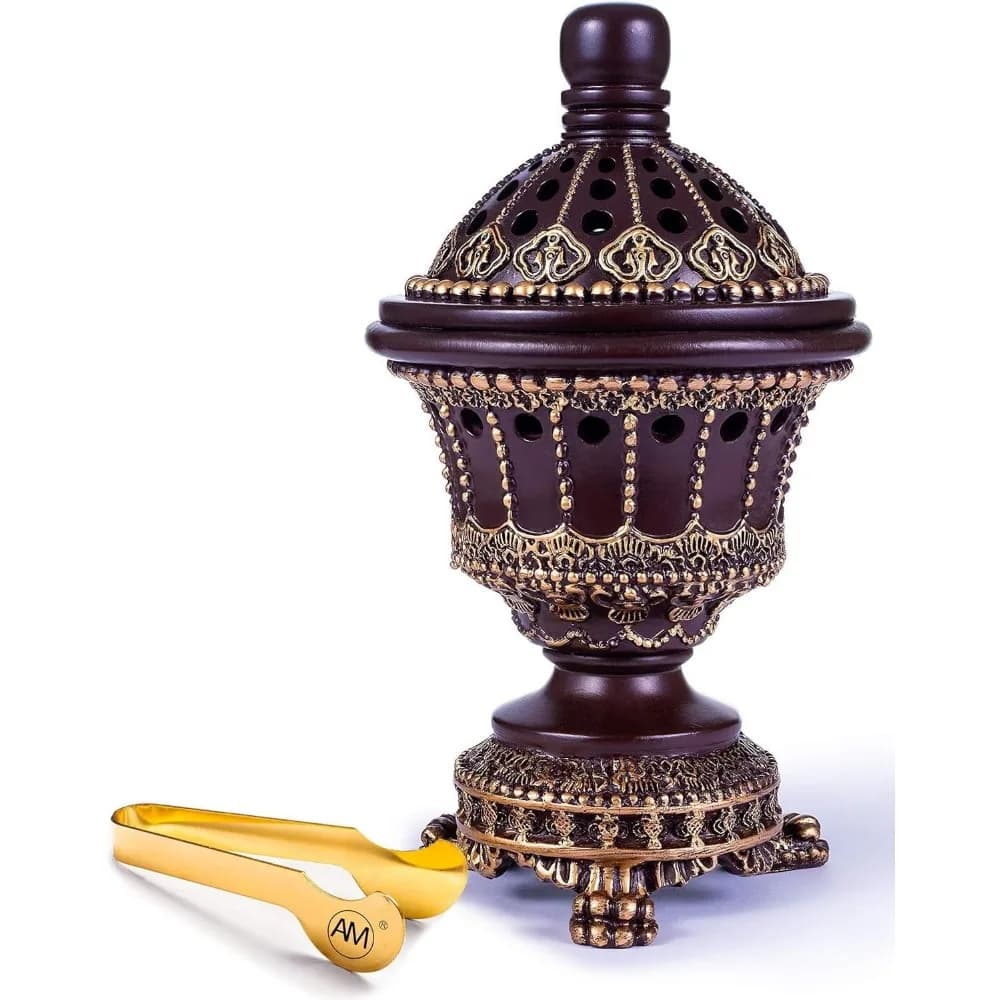 Bruciatore per Coni d'Incenso a Carbone con Supporto in Resina, Diffusore di Aromi Decorativo per Casa e Ufficio, Set Relax con Pinze, Marrone