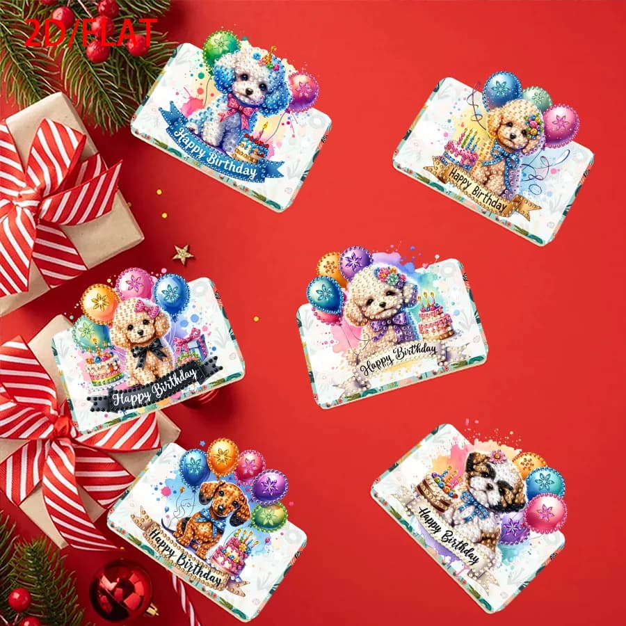 Set di biglietti d'auguri pieghevoli di forma irregolare con pittura a diamante da 6 pezzi - Cucciolo di palloncino di compleanno, set di regali di festa fai da te