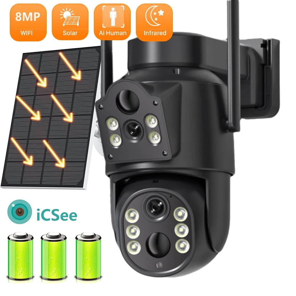 4K 8MP Dual Lens PTZ Solar Camera Dual Screens PIR Human Tracking Outdoor WIFI Security CCTV Surveillance IP Camera