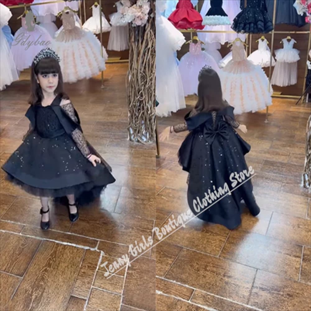 Abiti da festa per ragazze Abito da ragazza di fiori con fiocco nero con spalle scoperte Lunghezza asimmetrica Prima festa di compleanno sacramento
