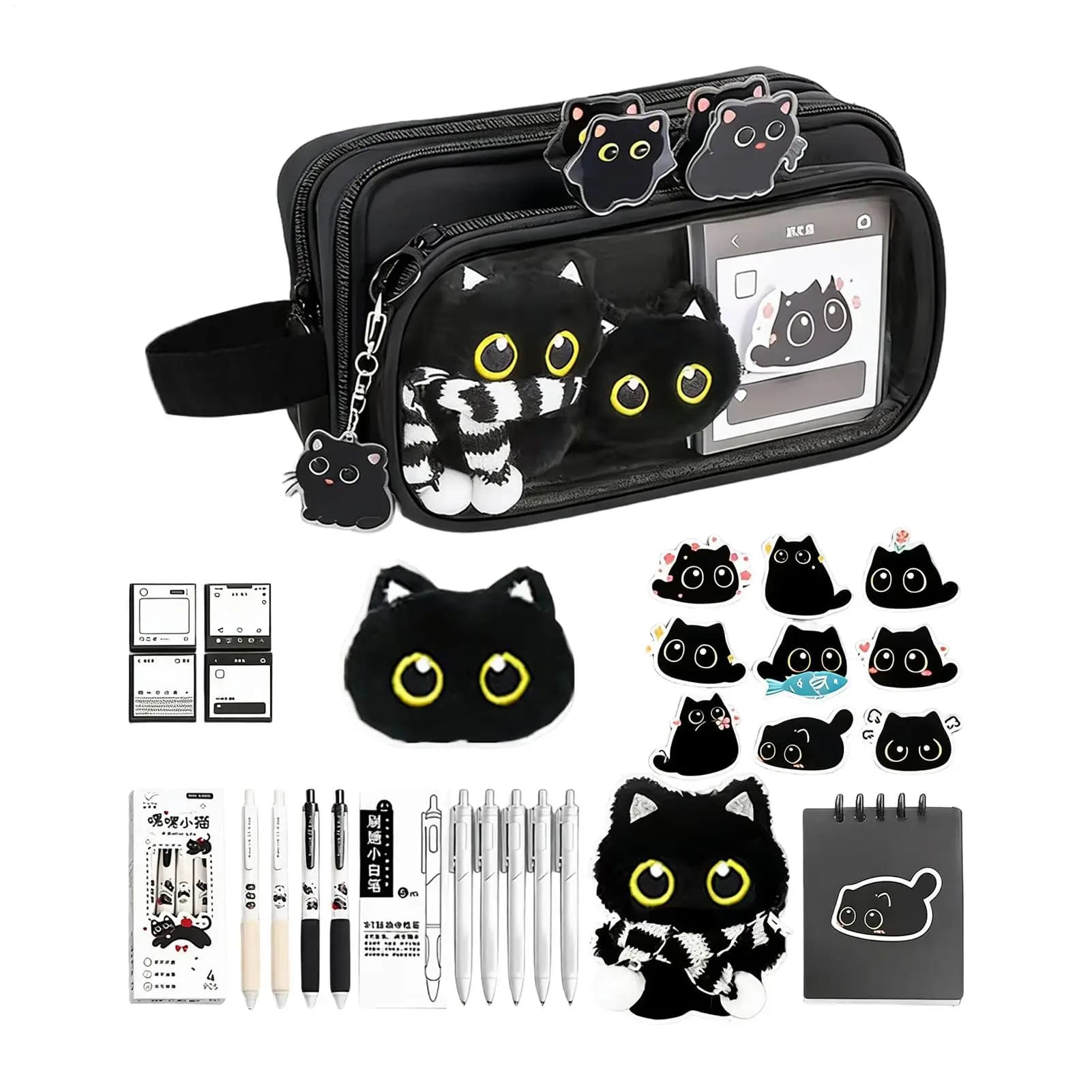 Cute Pencil Pouch Black Cat 10-Layer Detachable Organizer Animal Pencil Case Stationery Supplies for Marker School Supplies Kids
