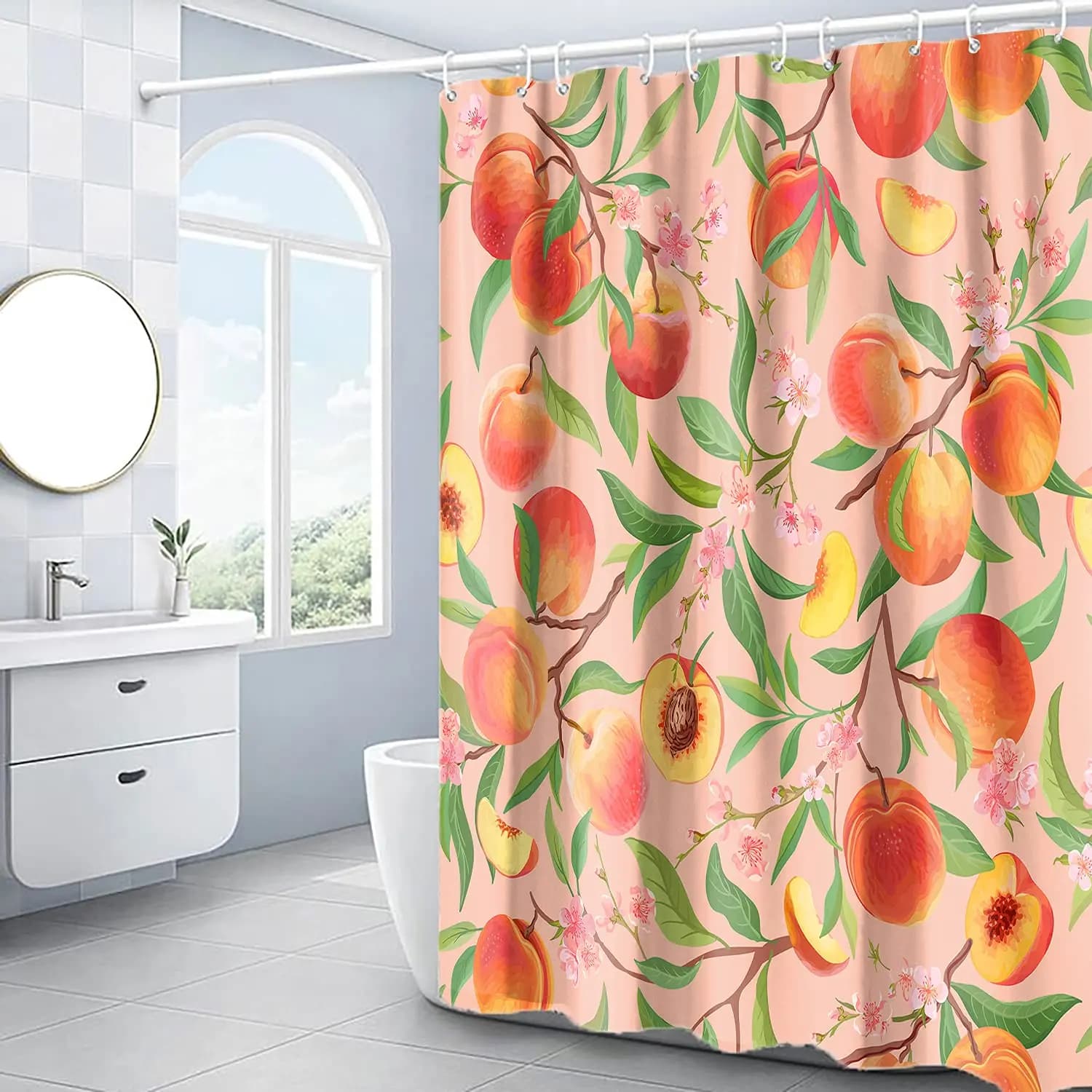 Simpatica tenda da doccia color pesca per bagno femminile, tenda da bagno colorata floreale con frutta cartone animato, tessuto impermeabile con ganci