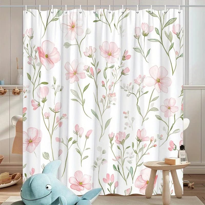 1 Delicata tenda da doccia rosa con motivo floreale senza cuciture con morbidi petali traslucidi su sfondo bianco per il bagno