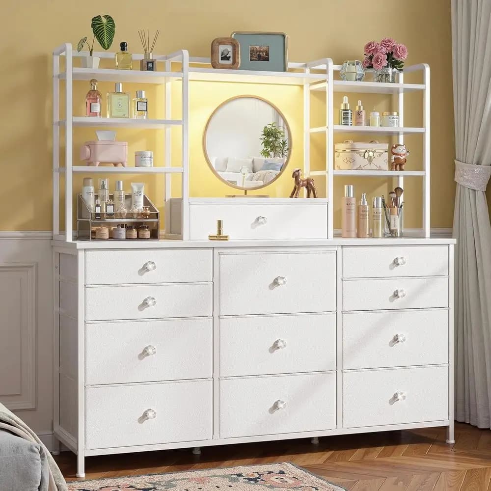 Set da camera da letto con 12 cassetti, luci LED, cassetti in tessuto, cassettiere, scaffali aperti, organizer per trucchi, scaffali in metallo e legno, ingresso