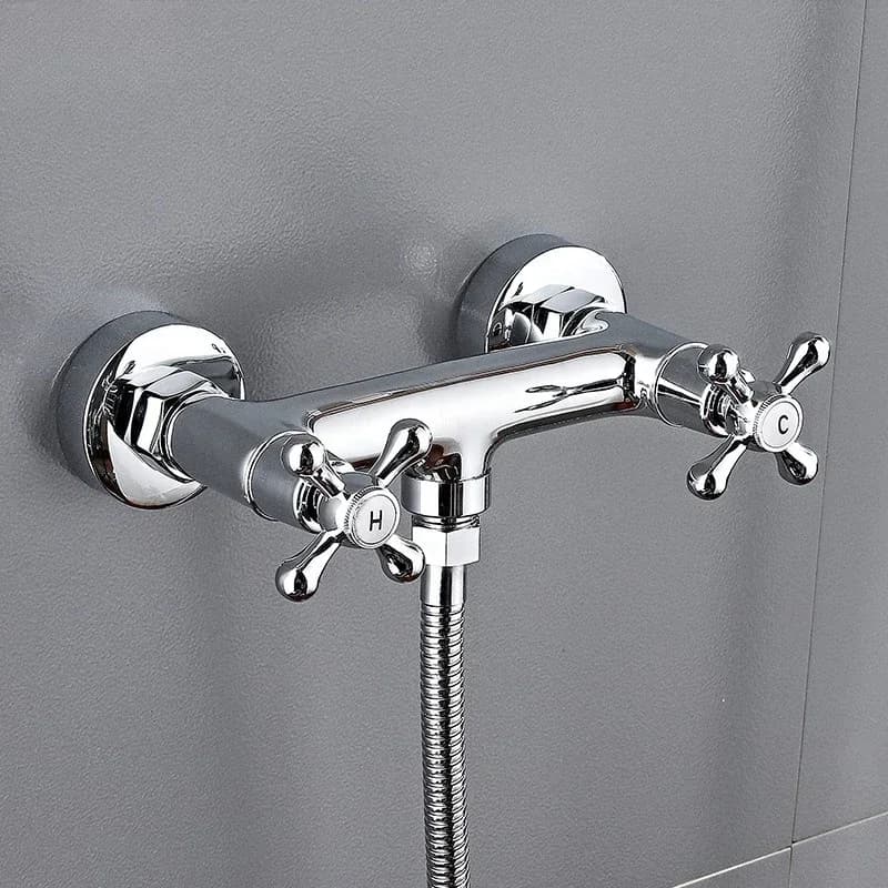 Wall Mounted Shower Faucet Hot and Cold Water Tap Shower Accessories Double Handle Double Control Brass Bathroom Mixer Faucet