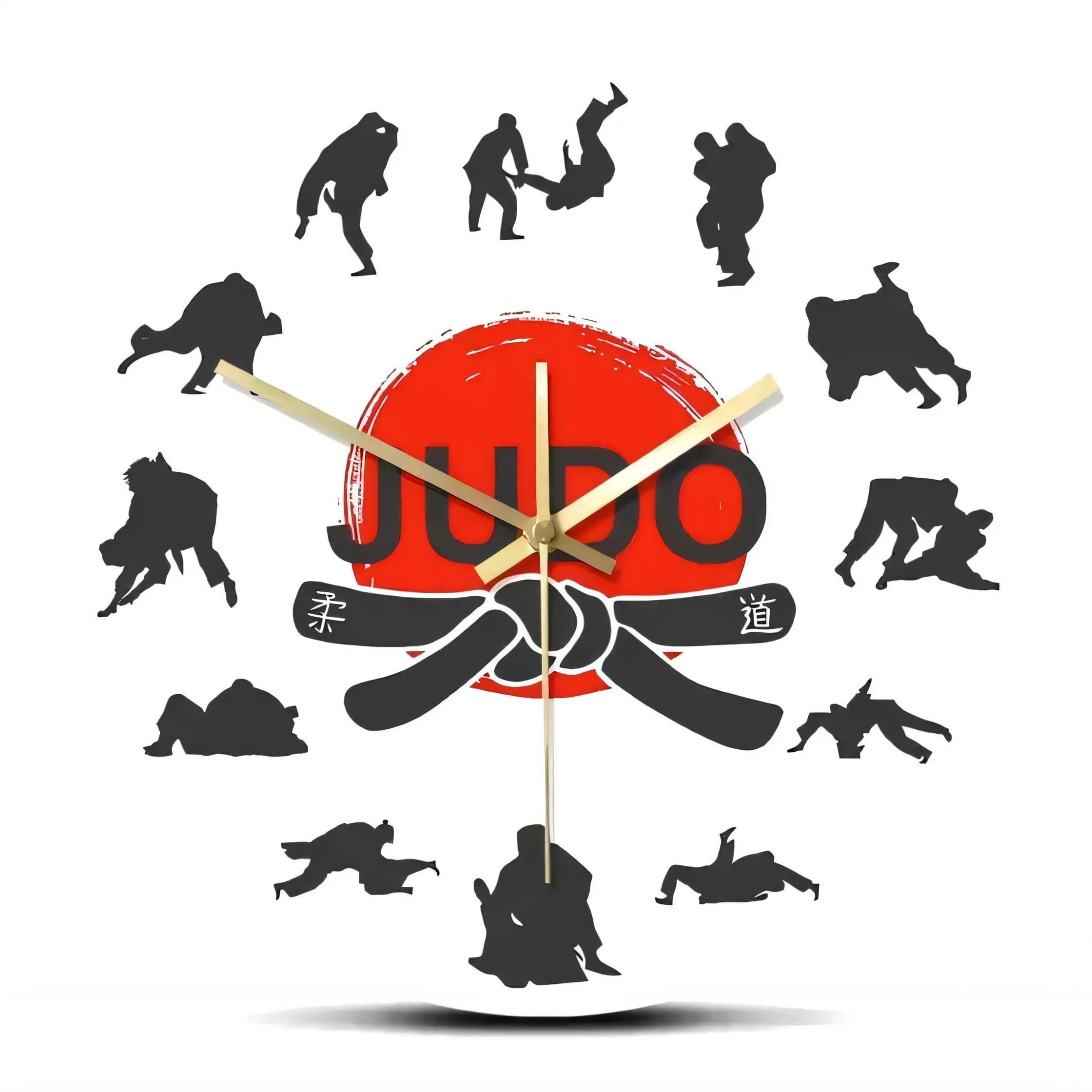 Judo Wall Clock Decorative Silent Non Ticking Battery Operated Black Silhouettes Gold Hands for Dojo Home