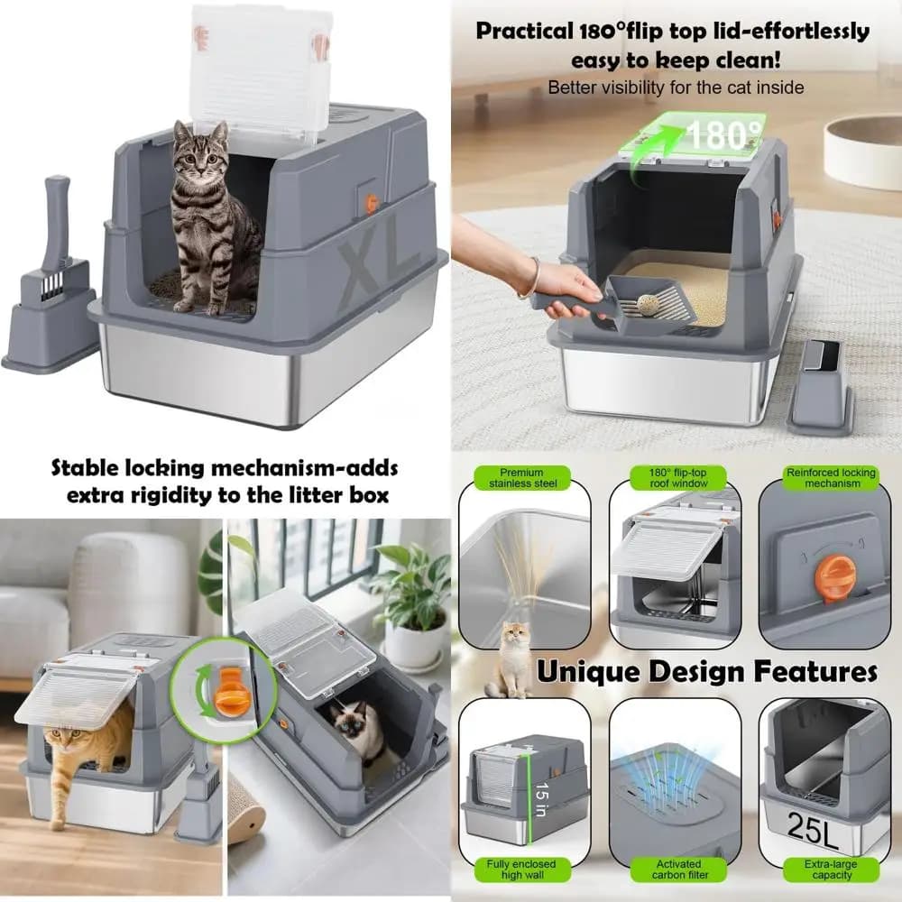 Lettiera per Gatti Grande in Acciaio Chiusa con Angolo di 180 Gradi ° Coperchio XL Easy Clean, Controllo degli odori, Anti-perdita, 23,2x15x15, Grigio