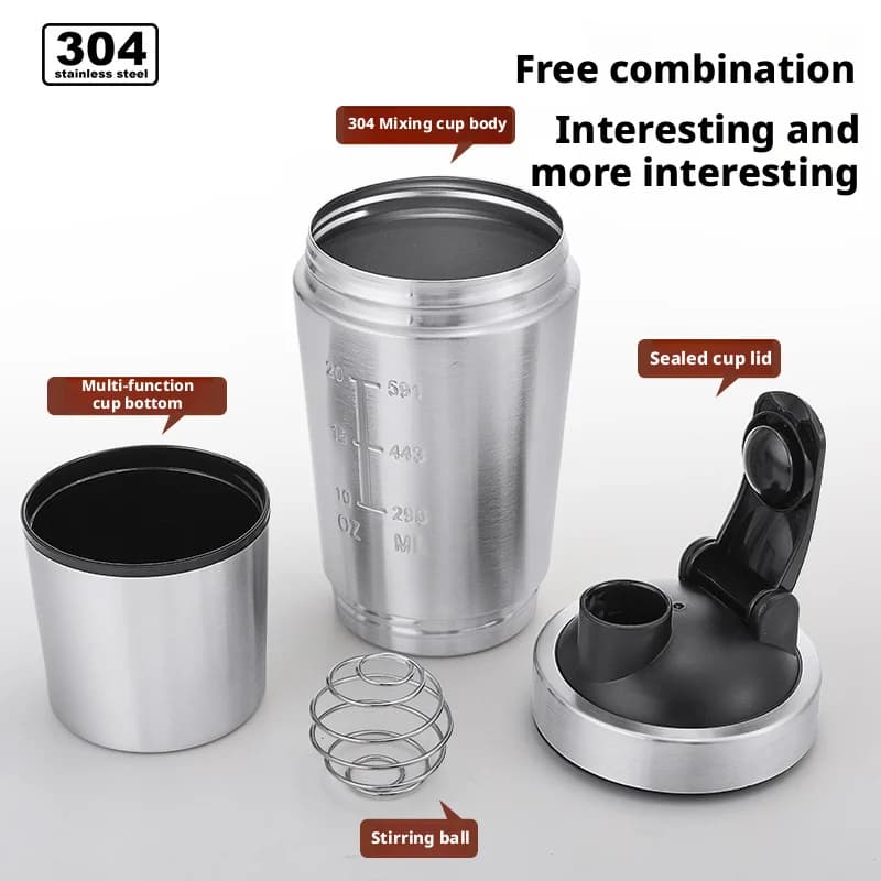 Stainless Steel Protein Powder Shaker Bottle with Ball Scale Leak Proof for Gym Fitness Sport Whey Shakes Water Cup