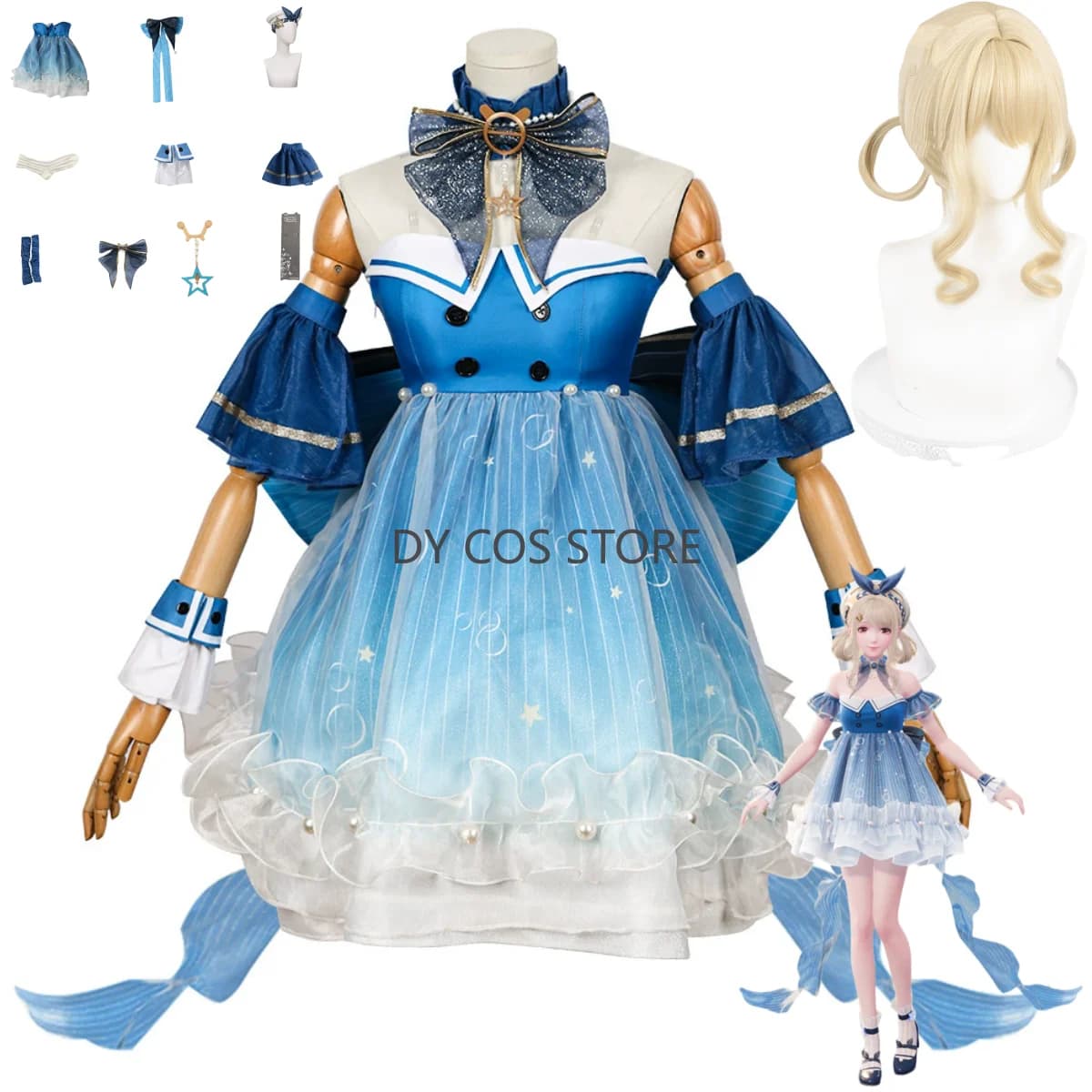 Game Infinity Nikki Cosplay Costume Wig Anime Blue Bubbles Gonna With Straps Discovery Princess Dress Woman Cute Halloween Carnival Dress