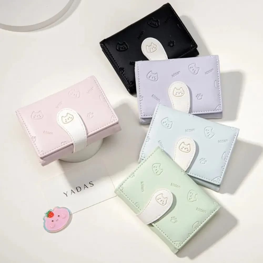 Nuovo Portafoglio alla Moda con Stampa Gattino, Borsa ID in PU per Ragazze, Piccola Borsetta Carina con Cinturino a Fibbia, Porta Carte Studente, Portamonete da Donna