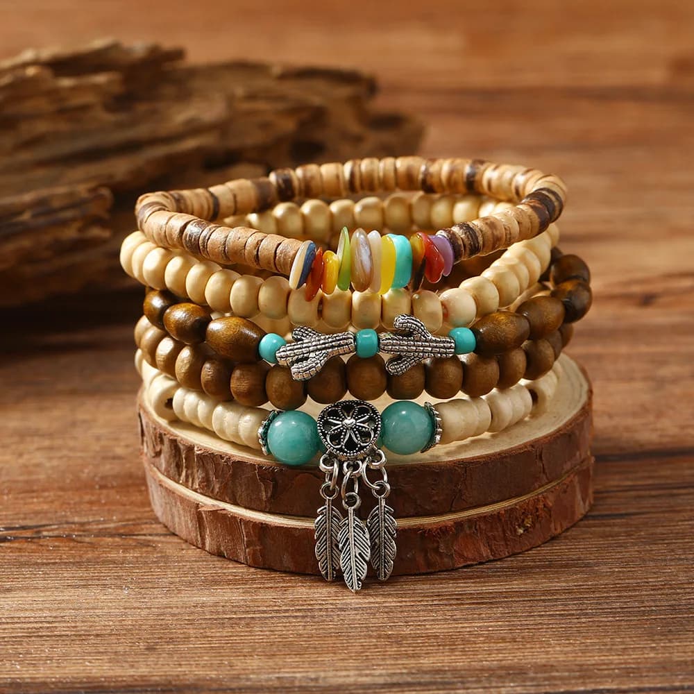 Bracelet For Men New Retro Seashell Dream Catcher Cactus Multi-piece Set Of Wooden Beads Bracelet Personality Trend Bracelet