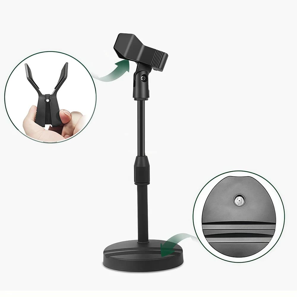 With support for phone and tablet + spring clip, combined set of multifunctional microphone media, height and angle of support can be adjusted freely, microphone/phone support 360 ° Rotation, Easy Adaptation to Different Positions of Use