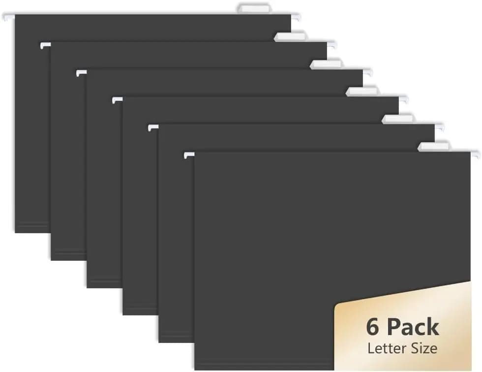Letter Size Hanging File Folders, 6-Pack, Black with 1/5 Cut Tabs, Office Desk & Cabinet Use