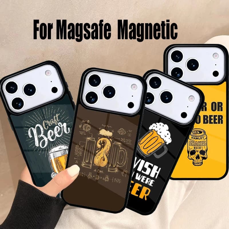 Cover Magnetica Wireless Magsafe per iPhone 17 Air 16e 15 14 13 12 11 Pro Max Plus con Design Birra e Alcol