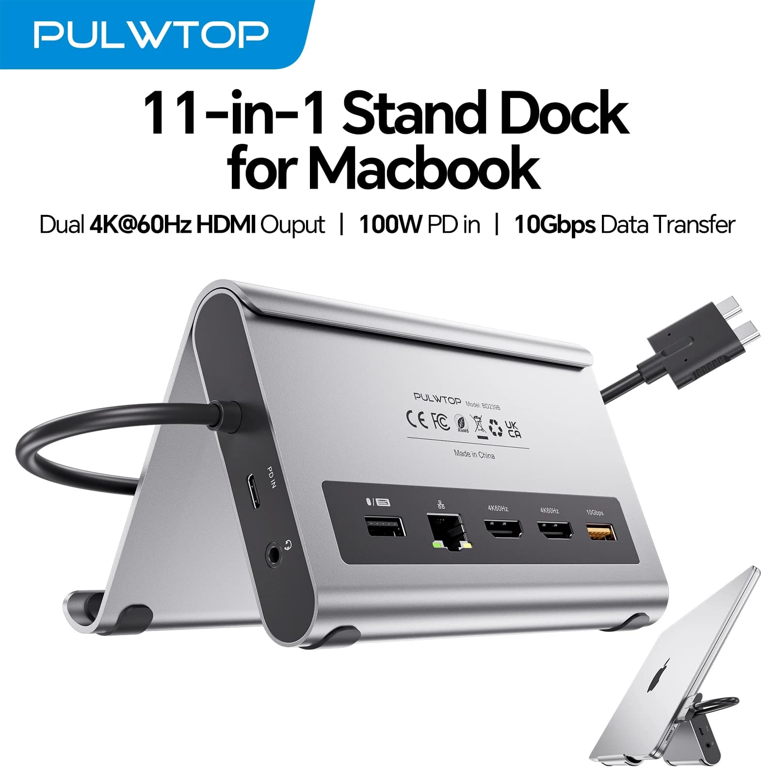 PULWTOP Docking Station doppio monitor per MacBook Pro/Air M3/M4/M5, con 2 HDMI, PD, Ethernet, USB A/C 10 Gbps, audio, SD/TF
