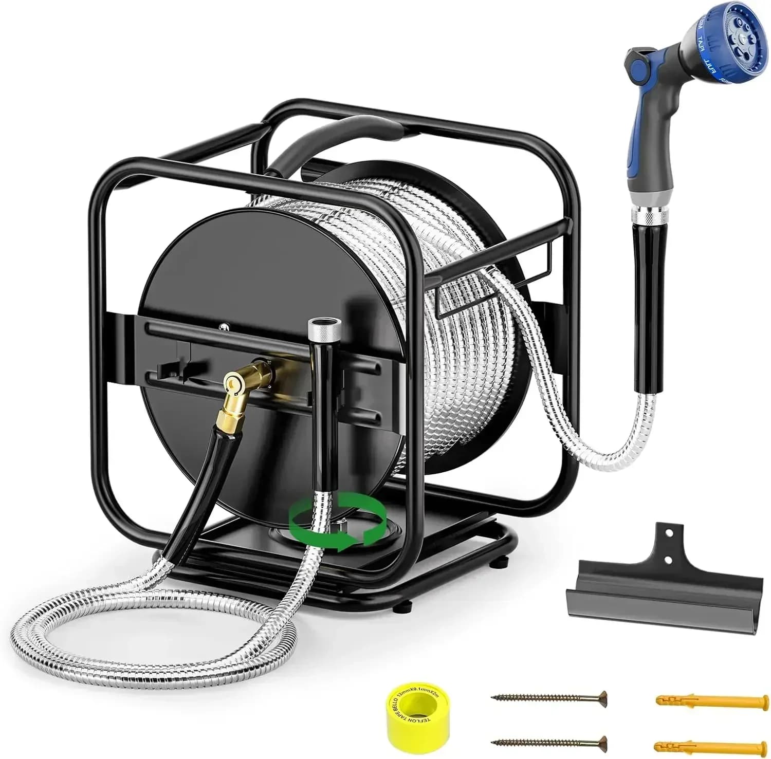 Avvolgitubo da Giardino in Metallo Resistente con Tubo in Acciaio Inox 304 da 30 Metri e Ugello in Alluminio, Montaggio a Parete/Pavimento