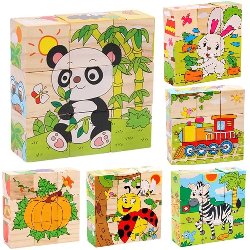 Blocchi di legno per bambini Giocattoli per bambini Puzzle a sei cubi laterali Gioco Traffico di frutta animale Cognize Giocattolo educativo per l'apprendimento precoce
