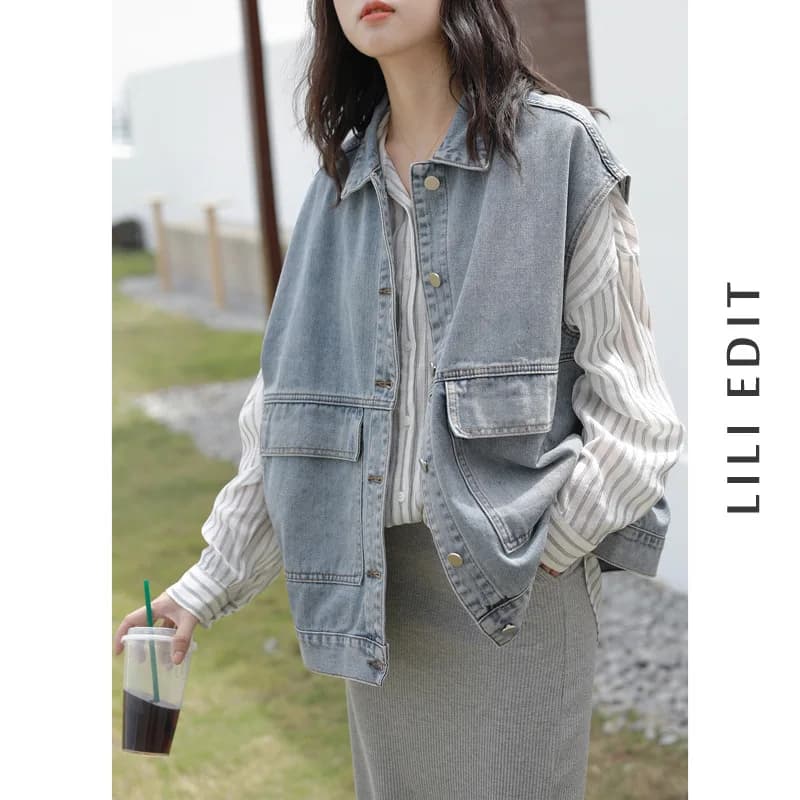 Loose Women's Denim Vest Jacket Casual Versatile Korean Style Bf Jeans Waistcoat Outerwear Long Sleeve Spring Fashion