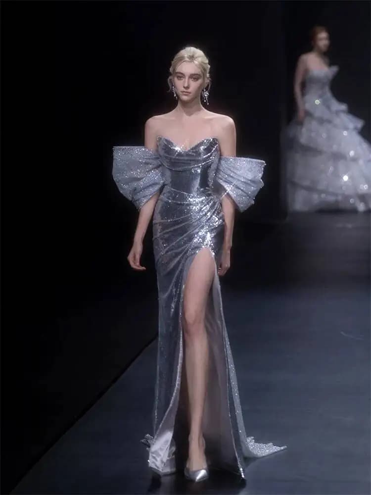 Silver Sequined Evening Dress With Off-shoulder Design, Ultra-sparkling, Slit Mermaid Skirt, Elegant And Luxurious, Suitable For