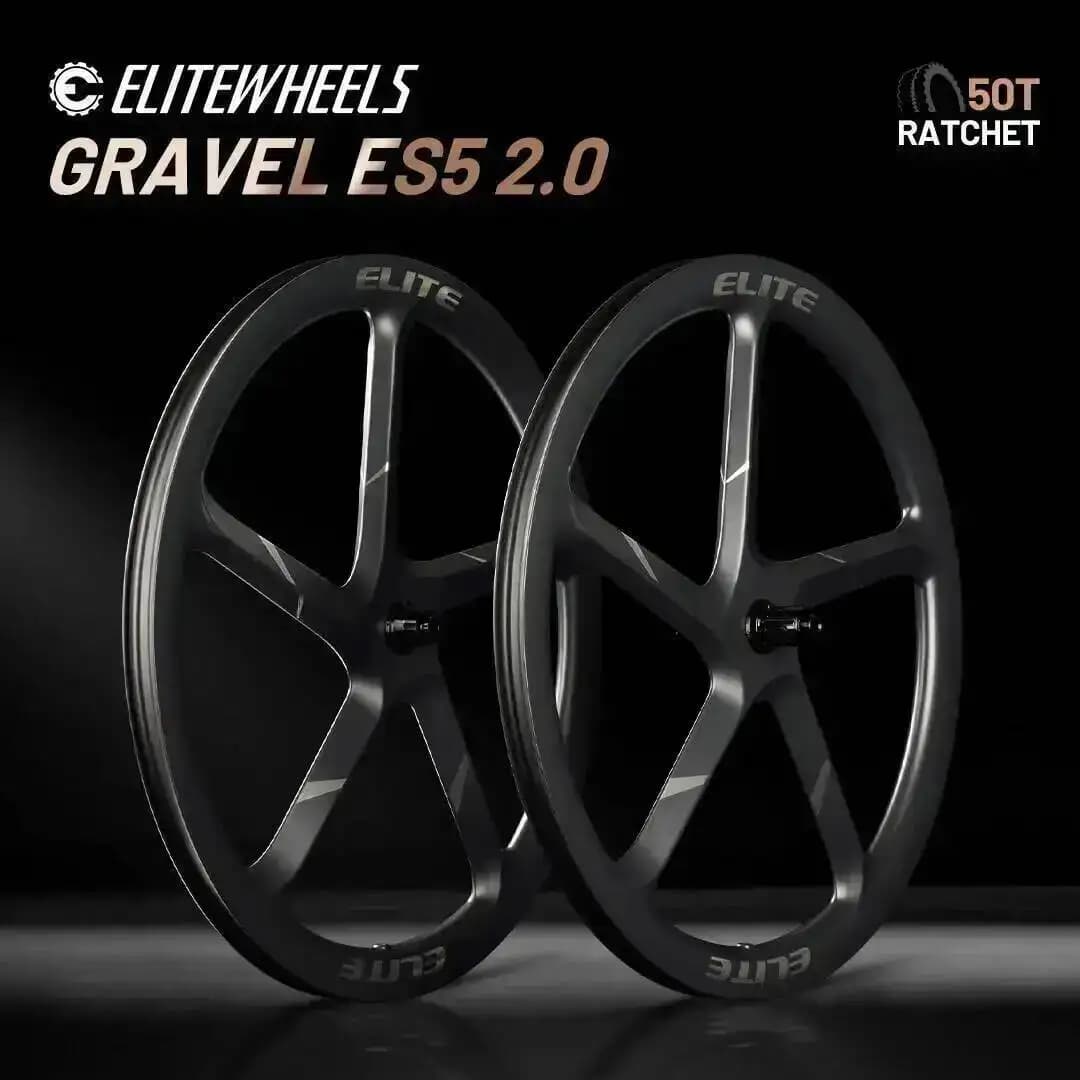 ELITEWHEELS GRAVEL ES5 2.0 Set di Ruote in Carbonio con Mozzo a Cricchetto 50T, Larghezza Interna 26mm, Tubeless, per Trail e Cross Country, Aerodinamico