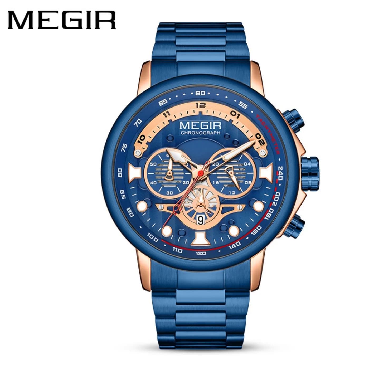 MEGIR Gold Green Quartz Watch for Men Fashion Stainless Steel Chronograph Luminous Wristwatch with Auto Date 24-hour Waterproof