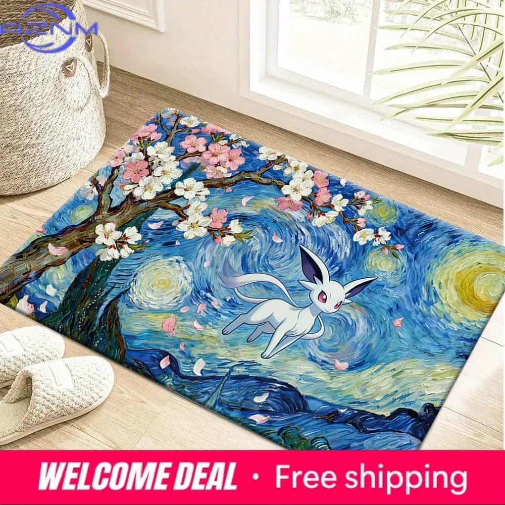 Tappetino antiscivolo con stampa Pokemon Espeon Starry Night Cherry Blossom, tappeto morbido e assorbente per la decorazione domestica