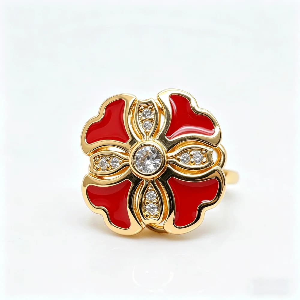 Red Enamel Flower Cubic Zirconia Rotating Ring Gold Plated Adjustable Anxiety Relief Band For Women Party Jewelry Gifts