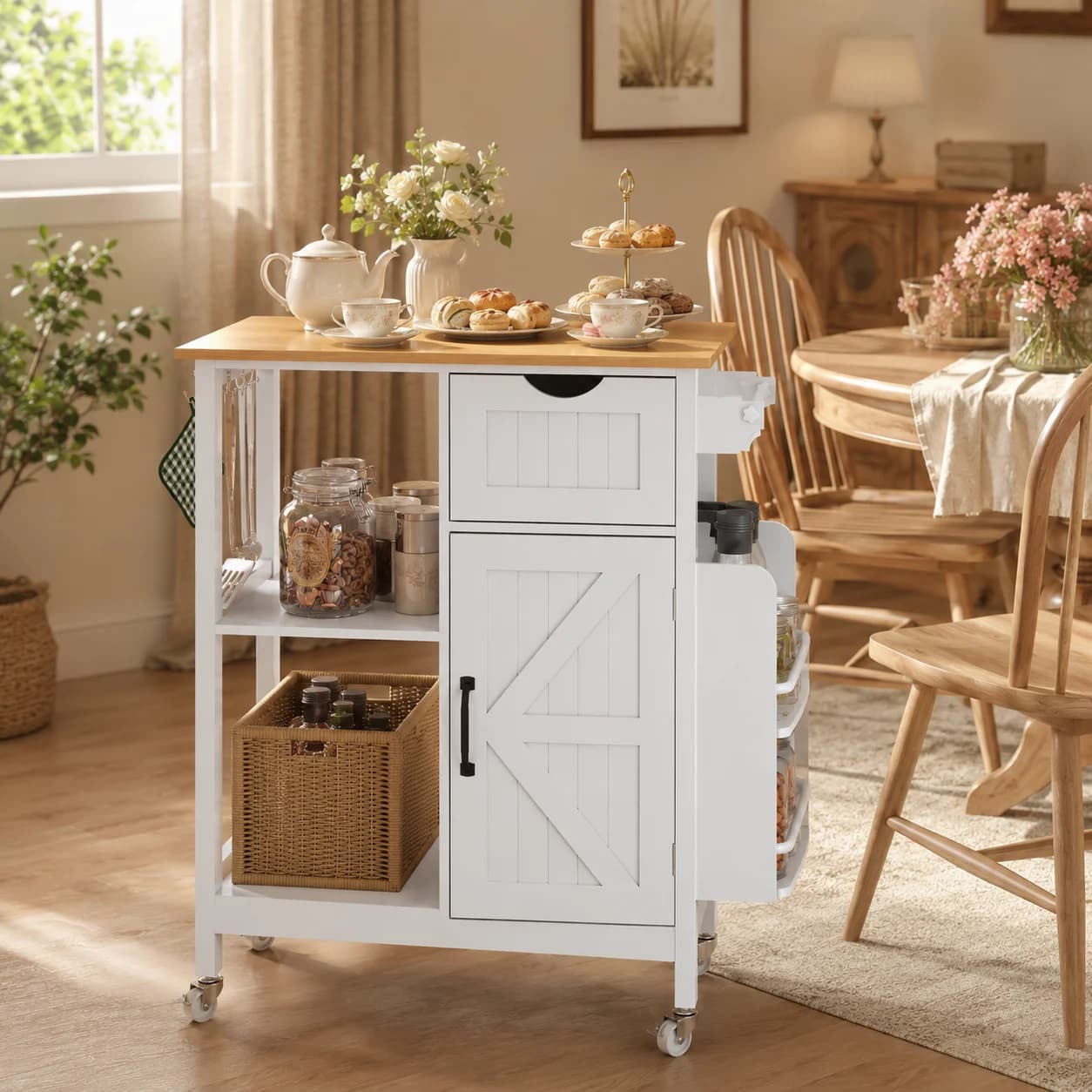 Kitchen Island Cart on Wheels, White Farmhouse Rolling Kitchen Table with Storage Cabinet Drawer Spice Rack Towel Rack, Natural Wood Top Adjustable Shelves, Space Saving Portable Multipurpose Kitchen Organizer with Lockable Wheels 2 Brakes for Small Kitch